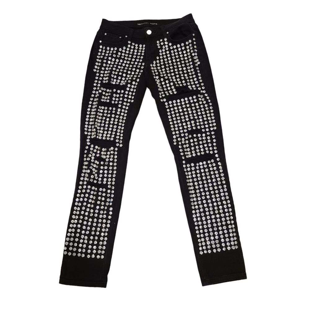 Michael Kors Jeans Womens Size 2 Black Denim Rhinestones Distressed Rocker Glam‎ - Picture 4 of 11
